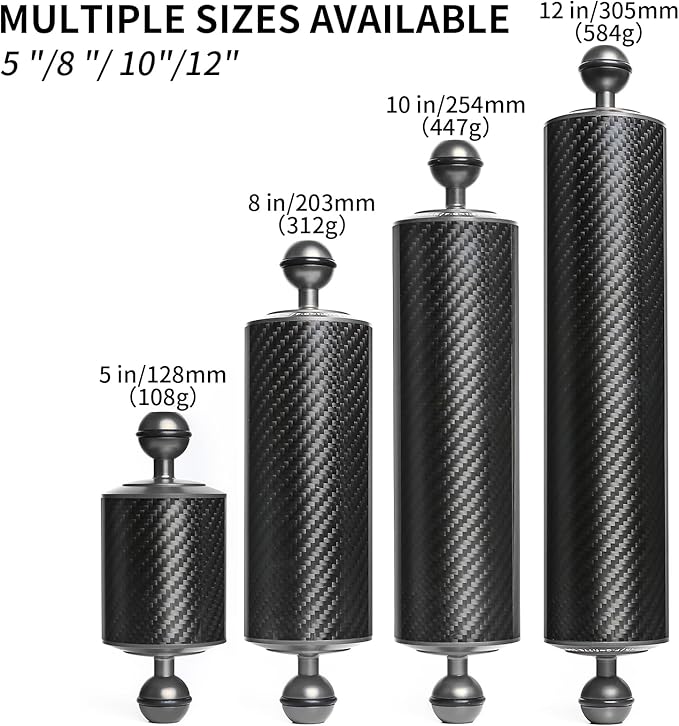 Black 8" Carbon Fiber Underwater Float Arm (2-Pack) - Ultralight Dual 1" Ball Buoyancy System for Diving Tray Video Lights & Strobes