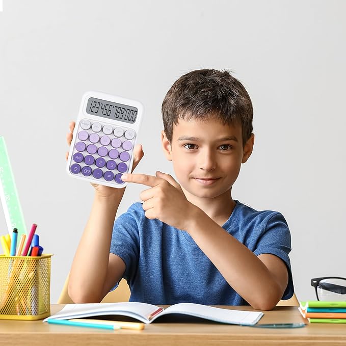 Mechanical Pushbutton Calculator,12 Digit Large LCD Display,Big Buttons Easy to Press,Colorful Candy Calculator,Automatic Sleep,with Battery.for Office,School, Home. (Violet)