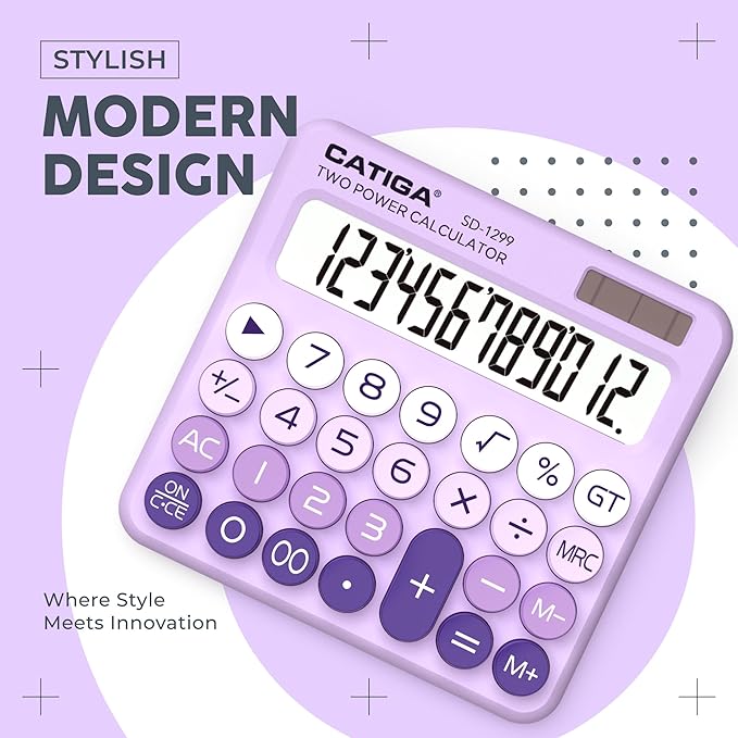 CATIGA Mechanical Switch Calculator with Solar and Battery Dual Power, 12-Digit Large LCD Display, Aesthetic and Cute Desktop Calculator with Big Button, for Home, School and Office Use, SD-1299