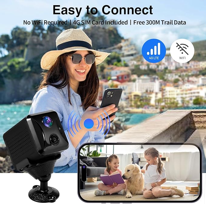 4G LTE Hidden Camera,Cellular Security Camera No WiFi with 4G SIM Card, 4K HD Portable Car Spy Camera, 160° Wide View, with Night Vision, AI Motion Detection Alert App Control