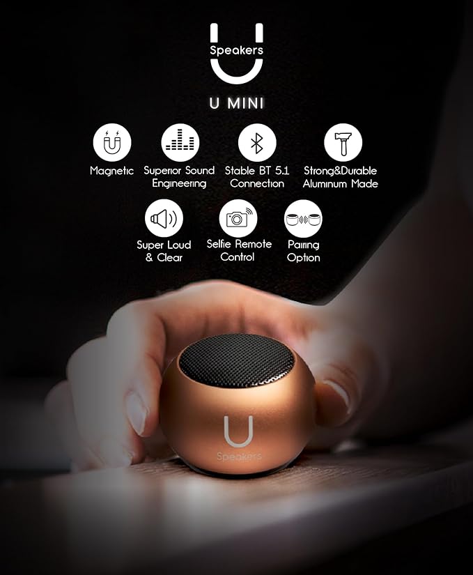 Fashionit U Mini - Small Bluetooth Speaker Wireless - Mic & Remote Shutter, Portable Bluetooth Speakers, Rich Sound for Home & Outdoor, Stocking Stuffers, White Elephant Gifts for Adults - Rose Gold