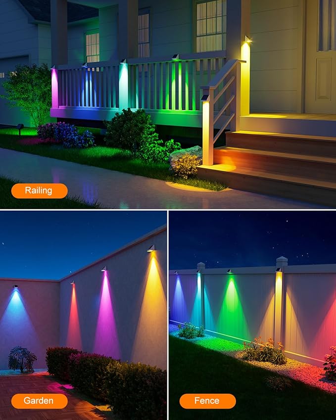 12 Pack Color Changing Solar Powered Fence Lights Outdoor Landscape LED Waterproof Yard Lighting for Outside Wall, Deck, House Patio, Railing, Porch, Step, 8 Colores, Easy Installation ( White Shell )