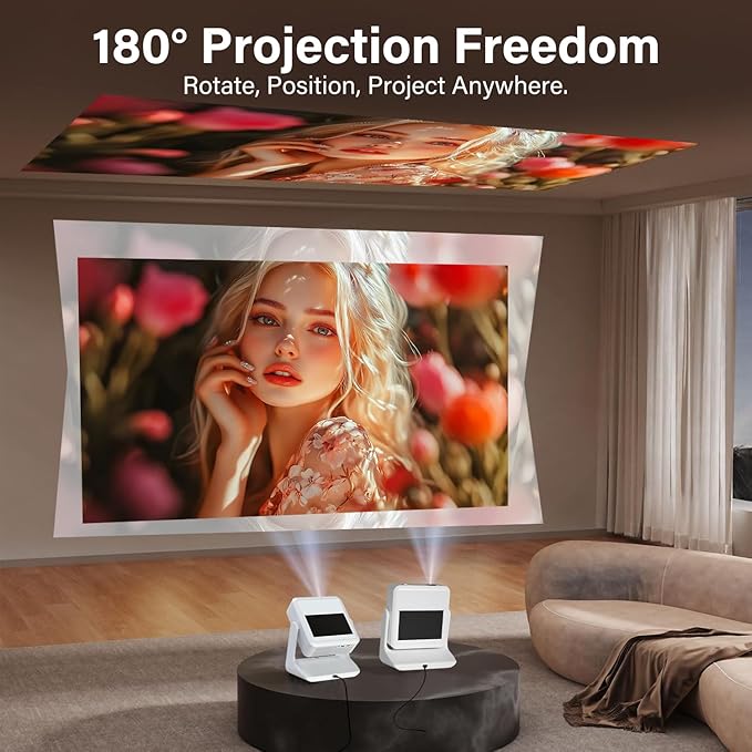 TouchScreen Smart Portable Projector, 4K Support Outdoor Projector with WiFi6 and Bluetooth, 800 ANSI 180° Rotatable,1000+ Apps, Auto Focus Keystone Movie Proyector for Home Theater/Outdoor/Gaming