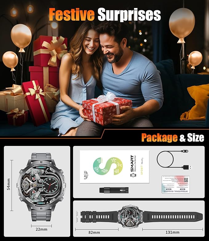 LIGE Smart Watches for Men with Compass/Barometer, 1,73'' HD AMOLED Large Display 3ATM Military Smartwatch with 900mAh Battery, 130+ Sports Modes, 24/7 Heart Rate/Sleep Monitor for Android iOS, Black