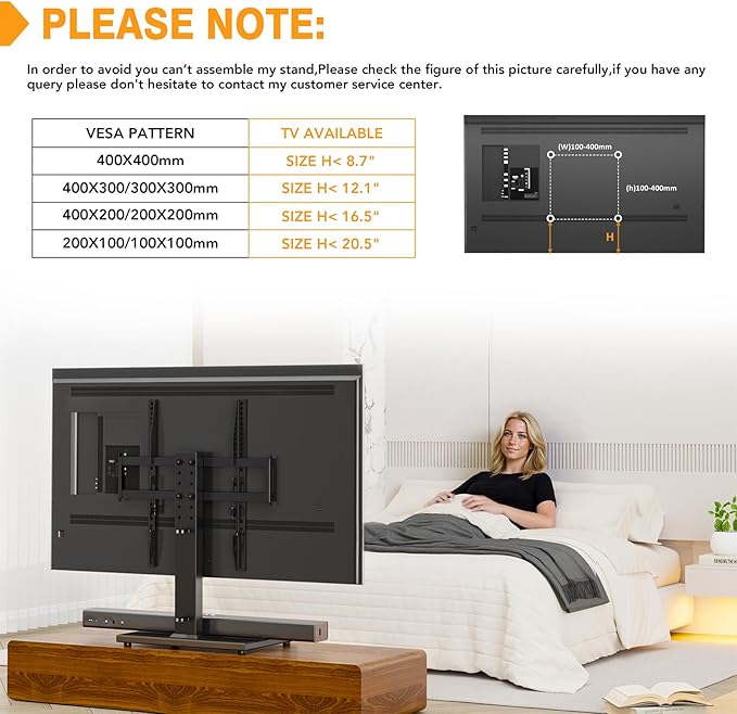 Universal TV Stand - Table Top TV Stand for 27-60 inch LCD LED TVs - 6 Level Height Adjustable TV Base Stand with Tempered Glass Base & Wire Management, VESA 400x400mm