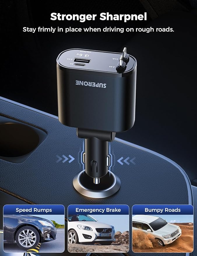 SUPERONE 4-in-1 Car Charger with Retractable Apple Cords, USB C Charger Car Adapter Compatible with iPhone 17/16/15/14/13/12/11 Pro Max Samsung Android Phones