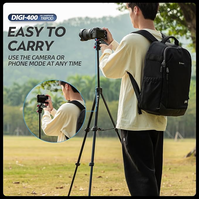 Fotopro 55” Camera Tripod 2in1 Hidden Cold Shoe Phone Clip Portable Travel Tripod Stand with Fluid Video Head, 1.5lbs Lightweight Aluminum Max Load 6.6lbs