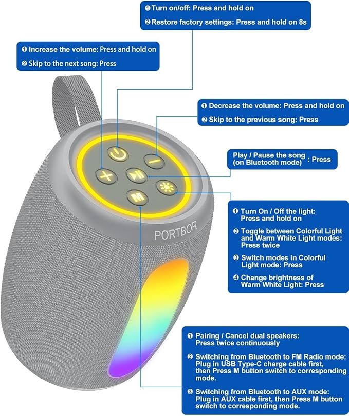 Portable Bluetooth Speaker Wireless, Powerful Stereo Sound Small Speaker with Lights, IPX5 Waterproof, TWS Pairing, BT 5.3 with AUX Input, for Outdoor/Home/Camping/Beach/Shower, Him Her Ideal Gifts