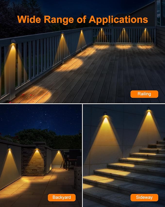 16 Pack Decoration Solar Powered Fence Lamps Outdoor Waterproof with Warm White LED Spot, for Outside Stair, Gate, Mailbox, Backyard, Door, Garage, Garden, Sconce for Enhanced Security, Easy Mount