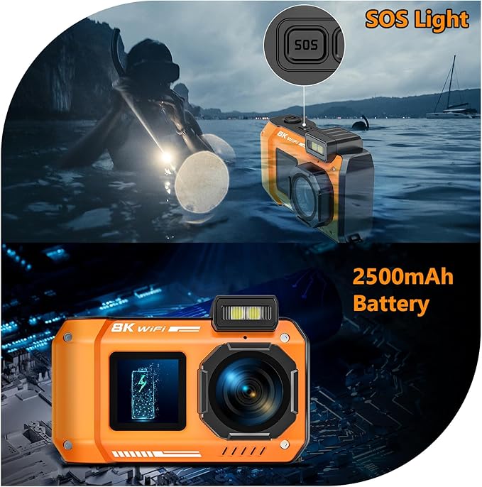 UHD 8K Underwater Camera, 70MP 33FT WiFi Waterproof Digital Camera with 64GB Card, Auto Focus Waterproof Dual-Screen Selfie 2500mAh Battery, 16X Floatable Digital for Snorkeling, Orange