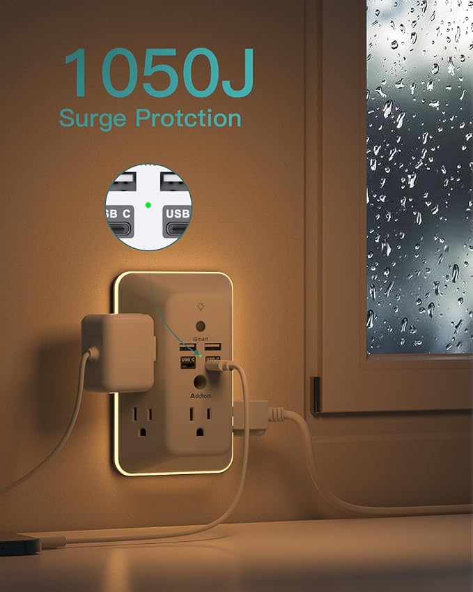 Surge Protector, Outlet Extender with Night Light, Addtam 5-Outlet Splitter and 4 USB Ports(PD 20W), Multi Plug Wall Outlet Power Strip for Home Office Dorm Room Essentials
