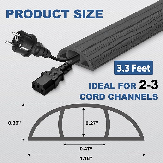 Floor Cord Cover for Wires on Floor Self Adhesive Cord Hider Floor Cable Management Wire Covers for Cords Protector Prevent Cable Trips Cord Cavity W 0.47" x H 0.27", Deep Gray Wood, 3.3Ft