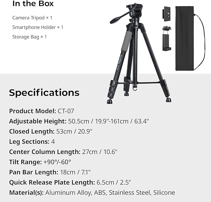 SmallRig CT-07 Aluminum Camera Tripod Stand, 63.4" Travel Tripod for iPhone and Cameras, Phone Tripods with Quick-Switch Vertical/Horizontal Mount, Adjustable Angles & Max. 4kg Load