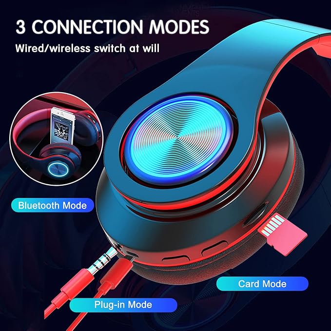 Bluetooth Wireless Over Ear Headphones, HiFi Stereo Sound Foldable Headset,Colorful LED Lights Headphones with Built-in Mic,Wired for School/Tablet Computer/PC/TV/Cellphones/Travel (Black Red)