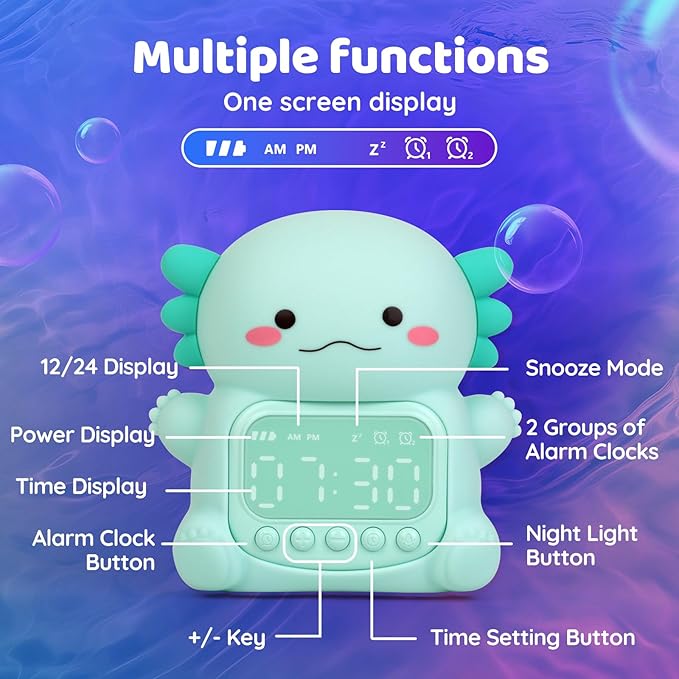 Axolotl Alarm Clock with Night Light for Kids, Rechargeable Silicone Lamp Time to Wake Clock Cute Animal Tabletop Lamp, Perfect Sleep Companion for Boys Girls, Green