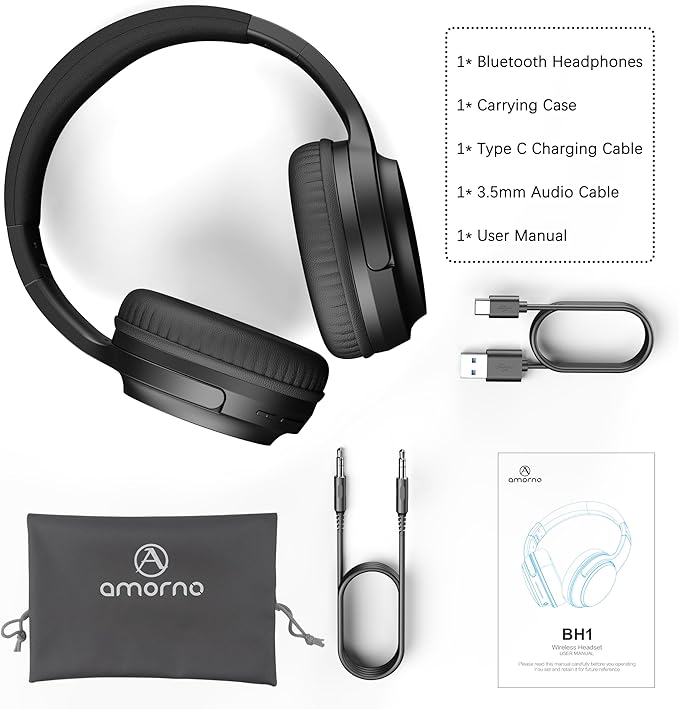 AMORNO Bluetooth Headphones Over Ear, 68 Hours Playtime Wireless Headphones with Mic, Foldable Adjustable Lightweight HiFi Stereo Headset for Cellphone/PC/Work/Travel/Home/Office (Black)