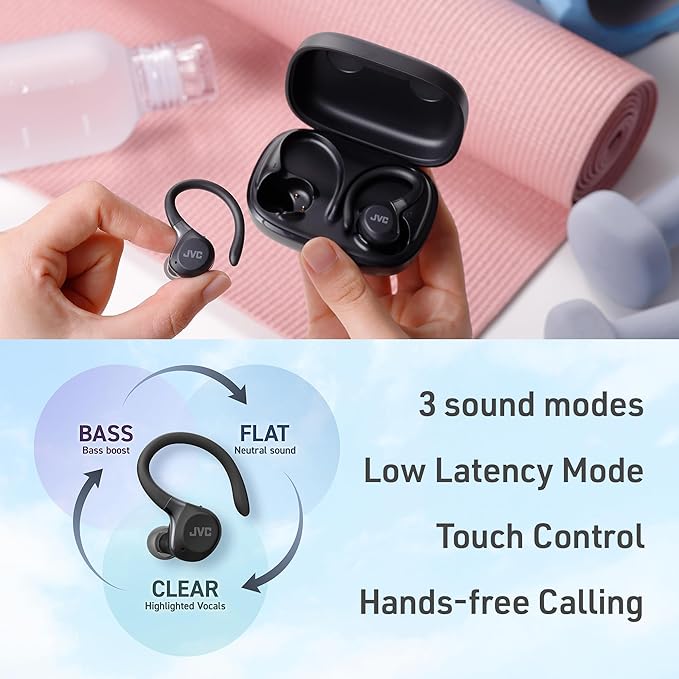 JVC Fitness Series True Wireless Sport Earbuds with Adjustable Hooks, Active Noise Cancelling, Ambient Sound Mode, IP57 Waterproof, 40hr Long Battery Life, App EQ, Low Latency, Mic HAEC75TB Black
