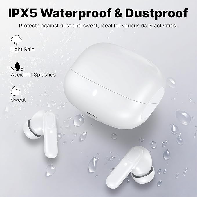 Wireless Earbuds Bluetooth 5.3 Headphones, Lightweight in-Ear Design with Deep Bass, 48HPlaytime, Touch Control, IPX5 Waterproof Earphones for Sports Workout (White)