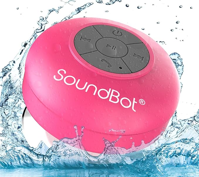 Soundbot SB510 HD Water Resistant Bluetooth Shower Speaker, Handsfree Portable Speakerphone with Built-in Mic, 6hrs of Playtime, Control Buttons and Dedicated Suction Cup for Showers (Pink)