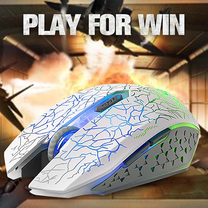 VEGCOO C10 Wireless Gaming Mouse, Rechargeable Gaming Mouse, Silent Optical Mice with 2.4G USB Receiver, 3 Ajustable DPI, 7 Colorful LED Lights for Gamer (White)