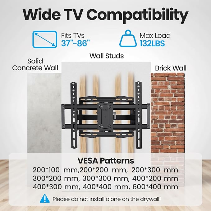 UL Listed Full Motion TV Wall Mount Bracket for Most 37-86 inch TVs, Swivel Tilt Extension Level TV Mount, Max VESA 600x400mm, Holds up to 132lbs & 16" Wood Studs with Hole Drilling Template