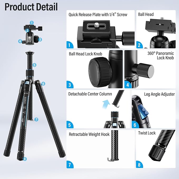 SIRUI 60" Carbon Fiber Tripod for Camera with 360° Panoramic Ball Head, Arca QR Plate, Compact Lightweight 2.1lbs Travel Tripod for DSLR Video Camcorder, Max Load 10kg, Traveler X-III