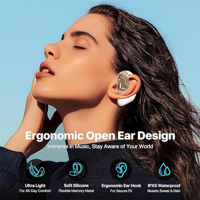 Open Ear Earbuds Ultra Comfort Wireless Bluetooth 5.4 Headphones Over The Ear Earbuds with Intelligent Touch Screen EarHooks IPX7 Waterproof Bone Conduction Earphones for Fitness Sports-OFF WHITE