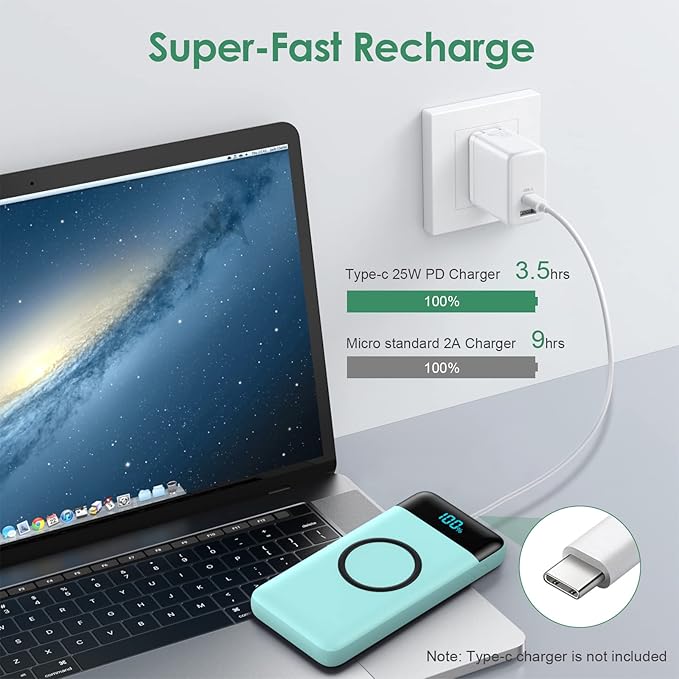 Wireless Portable Charger 30,800mAh 15W Wireless Charging 25W PD QC4.0 Fast Charging Smart LED Display USB-C Power Bank,4 Output& 2 Input External Battery Pack Compatible with iPhone,Samsung etc-Green