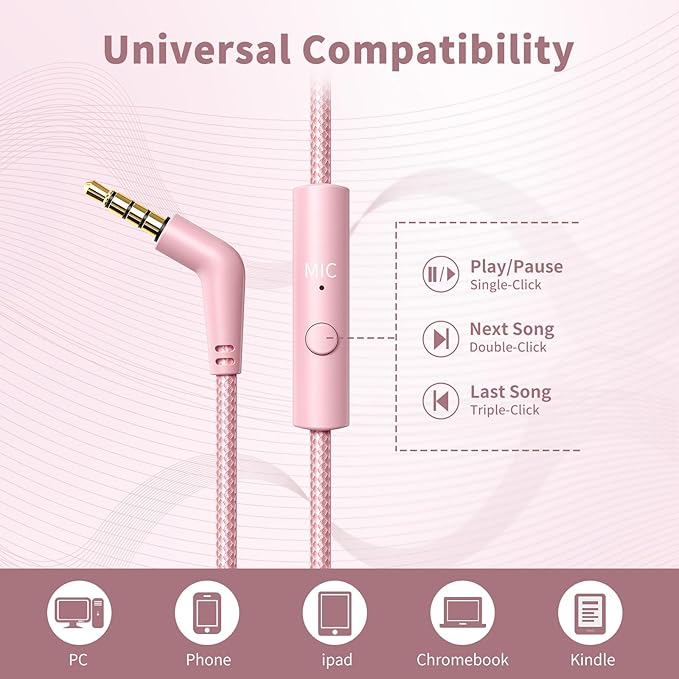 Wired Headphones with Microphone, Over Ear 3.5mm Plug in Headphones with 4.9ft Tangle-Free Nylon Cord for Tablet, Laptop, MP3/4, School, Airplane Travel (Pink)