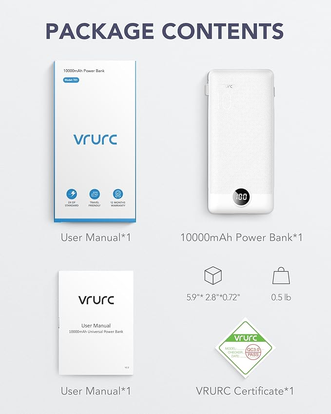 VRURC Portable Charger,Power Bank Built-in Cables and AC Wall Plug, USB C Portable Bank 10000mAh, Travel Essentials Phone Charger Compact External Battery Pack for Smart Phones, Tablets etc-White