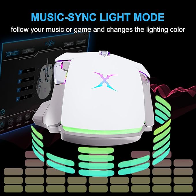 BM-88 Wired Gaming Mouse, 7200 DPI, Musicsync RGB Backlit, 7 Programmable Buttons with 13 Lighting Effects, Braided Cable - White