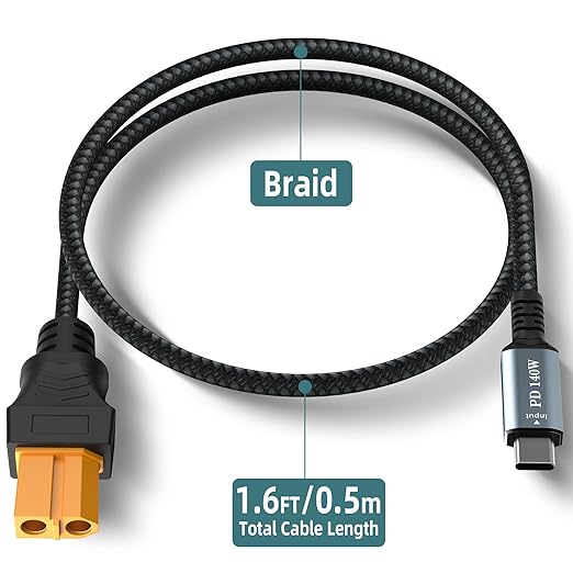 1.6FT USB C to XT60 Charging Cable,Type C to XT60 Female Fast Charging up to 28V 5A 140W Nylon Braided Cable for for Portable Drone, Model, Energy Storage Power, RC Lipo Battery