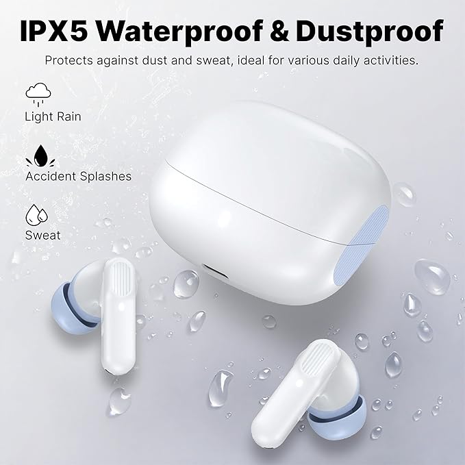 Wireless Earbuds Bluetooth 5.3 Headphones, Lightweight in-Ear Design with Deep Bass, 48HPlaytime, Touch Control, IPX5 Waterproof Earphones for Sports Workout (Blue & White)