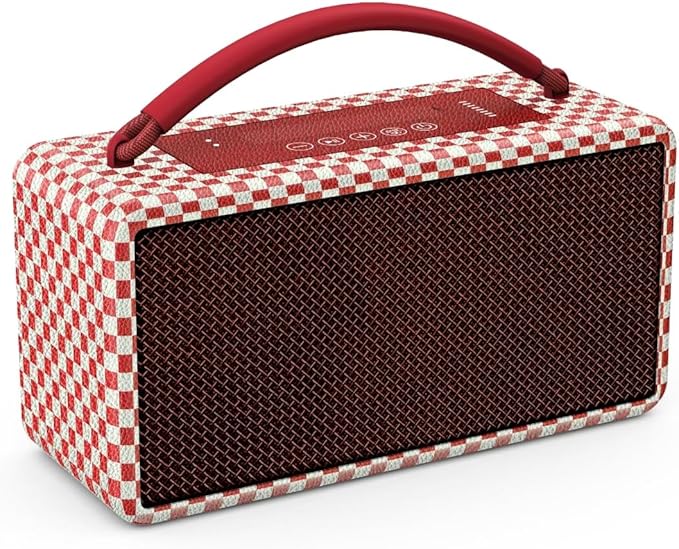 DINDIN Portable Bluetooth Speaker: 80W (Peak), 20H Playtime, Loud Wireless Wood Speakers with Bass, AUX and USB Input, Subwoofer, TWS Pairing, Vintage Speaker for Outdoor, Home, Office (Red+White)