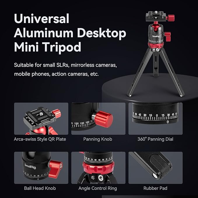 SmallRig Tripod for iPhone Desktop Mini Tripod - Aluminum Alloy 20 inches/ 50 cm with 360 Degree Ball Head, 1/4 inch Quick Shoe Plate for Vlogging DSLR Camera Video, Load up to 11 pounds-3033