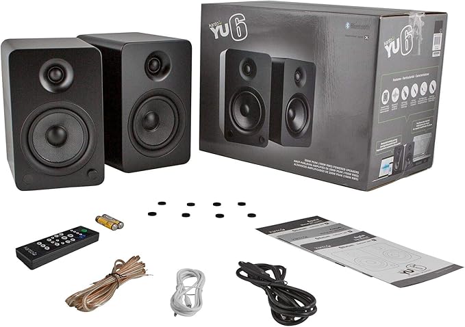 Kanto YU6 Wireless Bluetooth Powered Speaker Bundle with Kanto S4 Desktop Stands - Matte Black Speakers, Black Stands