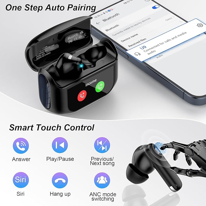 Wireless Earbuds, Bluetooth 5.4 Headphones Multi-Function Touch Screen with 5 EQ Modes, 48H Ear Buds Bass Stereo with ANC Noise Cancelling/Transparency Mode, IPX7 Bluetooth Earbuds for Android/iOS