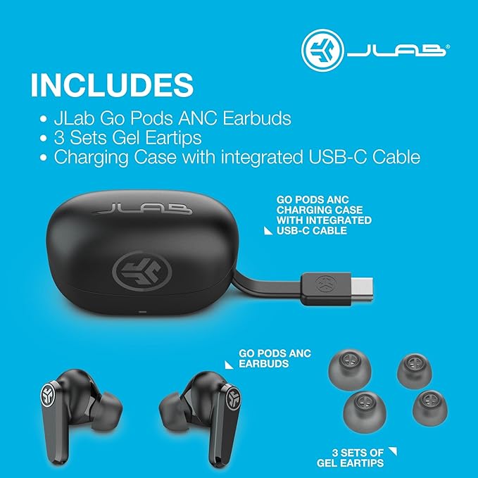 JLab Go Pods ANC True Wireless Bluetooth Earbuds & Charging Case, Hybrid Active Noise canceling + Be Aware for Safe Listening, 26+ Hours Total Playtime, Clear Calls, Custom Sound via App, Sage