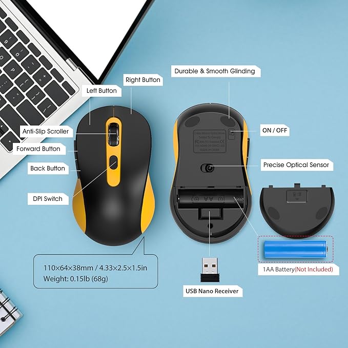 Wireless Mouse for Laptop, PC, Chromebook, Mac, MacBook, Silent Wireless Mouse with USB Nano Receiver, Side Button, 2400 DPI, Anti Slip Roller, 6 Button Ergonomics Cordless Computer Mice -Black Yellow