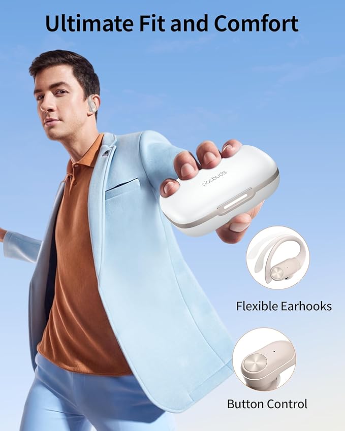 PocBuds Bluetooth Headphones Wireless Earbuds 80hrs Playtime Wireless Charging Case Digital Display Sport Ear Buds with Earhook Deep Bass IPX7 Waterproof Over-Ear Earphones for Phone Laptop Beige