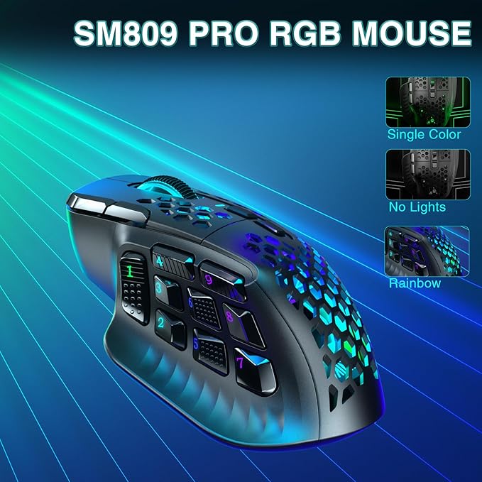 SM809 Pro Wireless MMO Gaming Mouse with 9 Side Buttons,24000 DPI,Triple Connectivity (2.4G/BT5.0/Wired) RGB MMO Mouse for Gamer,16 Programmable Macros,Up to 350H Battery Life,Black