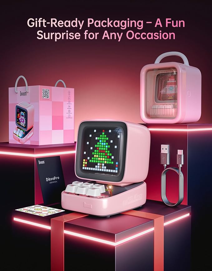 Divoom Ditoo Retro Pixel Art Game Bluetooth Speaker with 16X16 LED App Controlled Front Screen (Pink)