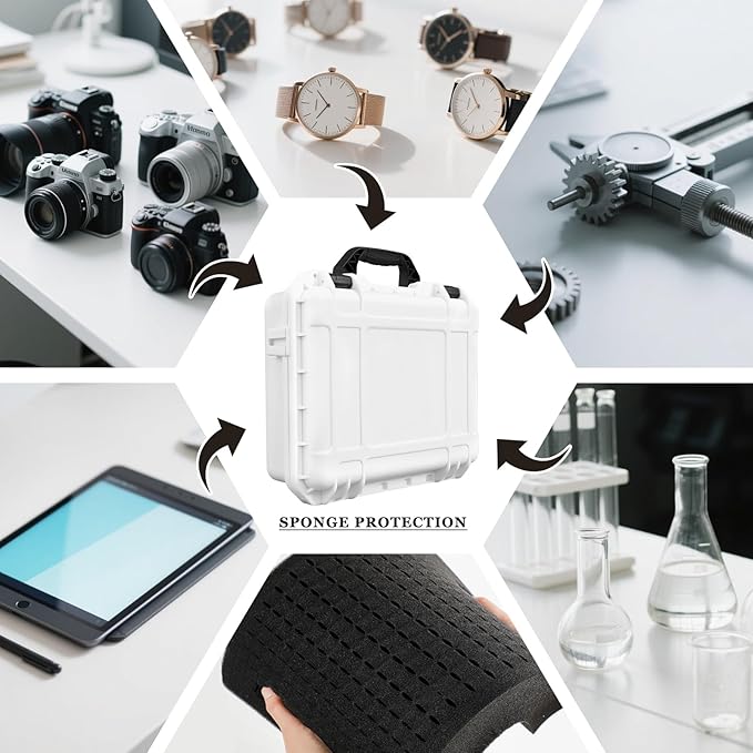 16.3 x 12.4 x 6.5 Inch Waterproof Hard Case with DIY Customizable Foam Insert Portable Protective Case with Knife for Camera Drones Equipments Tools Test Instruments (White)