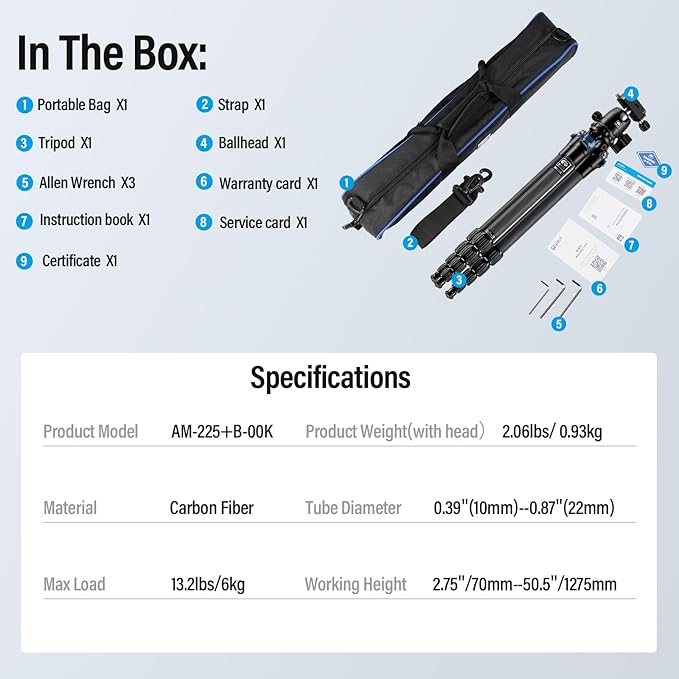 SIRUI Carbon Fiber Travel Tripod - Lightweight Only 0.93kg,Compact Tripod with 360° Panorama Ball Head Quick Release Plate, Max Height 50.2", Max Load 6kg for Camera, DSLR
