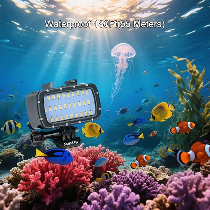 Suptig Waterproof Light Underwater Light for Gopro Hero 13, Hero 12,11,10, 9, 8, 7, 6, 5, 4, 3,2, DJI osmo, Akaso, Insta 360 and Canon Nikon Sony Olympus SLR Cameras Waterproof 180ft(55m)
