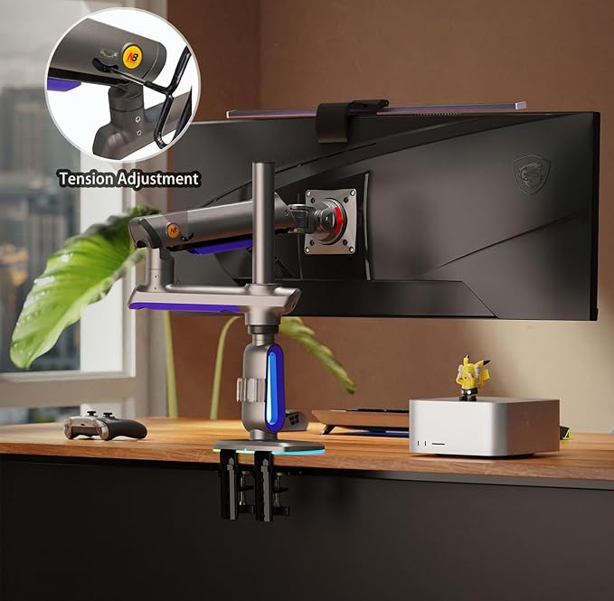 NB Extra Height Gaming Monitor Arm for 32 to 60 Inches Screen, Load up to 20 kg, VESA 75/100, RGB-Light, Heavy Duty, Multi Angle Adjustable, Premium Aluminum, Long Arm Extension Purple Blue