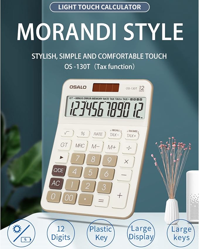 Pendancy 12 Digit Office Calculator Desktop with Tax+/- for Advanced Tax Calculation, Large LCD Display Big Buttons, Dual Power Durable Portable Design, for Financial Accounting Business Use