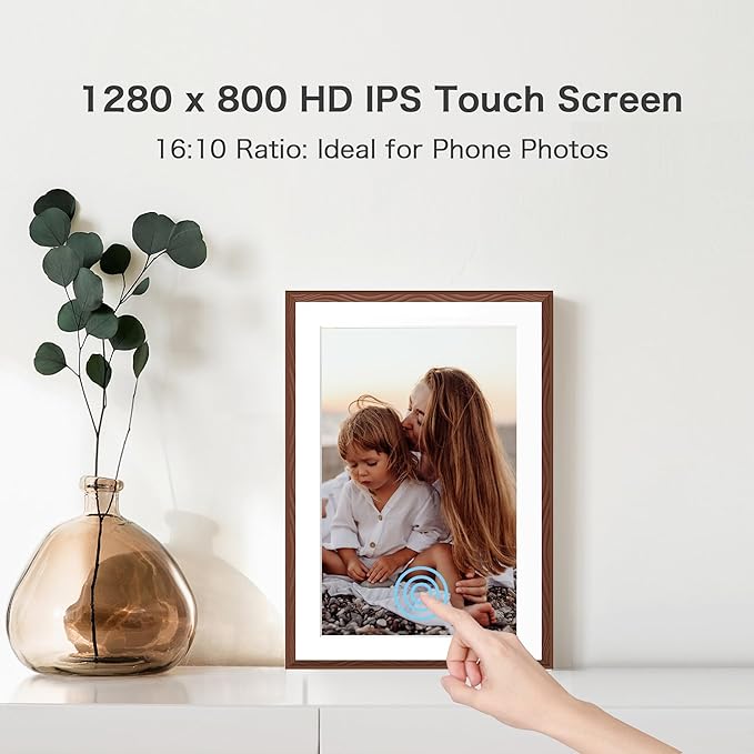 Digital Picture Frame, 10.1'' Frameo Digital Frame Wifi, 1280*800 HD Touch Screen, 32GB Memory, Wall Mountable Digital Photo Frame, Auto-Rotate, Share Instantly, Wedding, Birthday Gifts for Mom, Brown