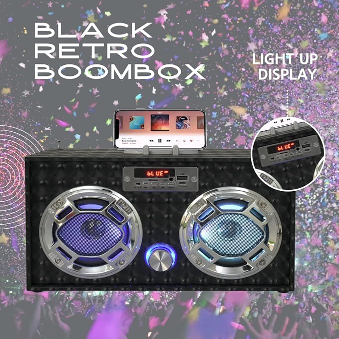 Boombox Speaker with LED Lights – Retro Bluetooth Speaker w/Enhanced FM Radio - Perfect for Home and Outdoor (Black)