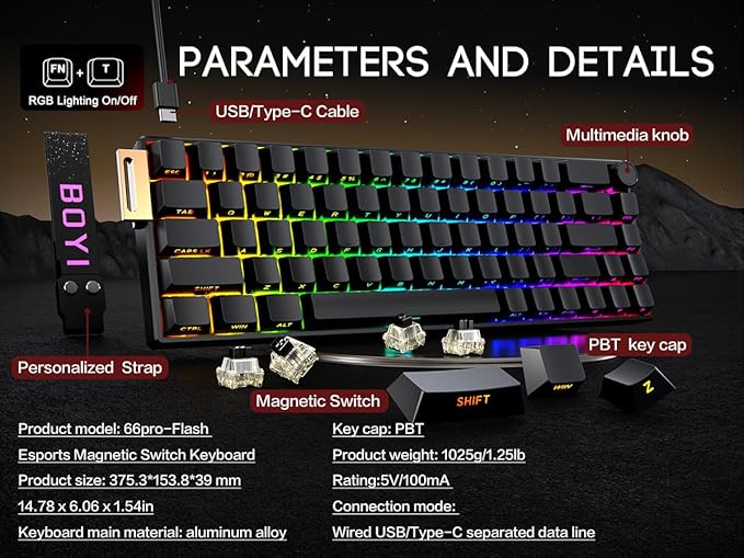 BOYI 66Pro-Flash Aluminum Magnetic Switch Gaming Keyboard,65% Rapid Trigger Hall Effect HotSwap Hyper-Fast Adjustable Actuation Side Printed Keycaps RGB Backlit Wired Custom Keyboard with Knob